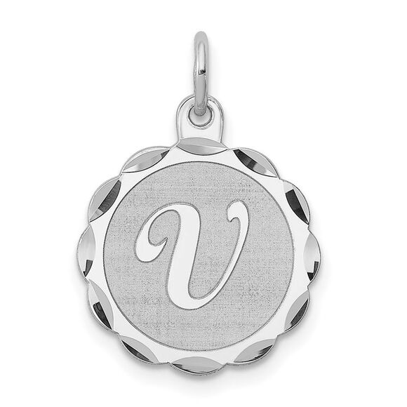 Sterling Silver, Sarah Collection 15mm Brocaded Disc Initial V Pendant - Picture 1 of 5